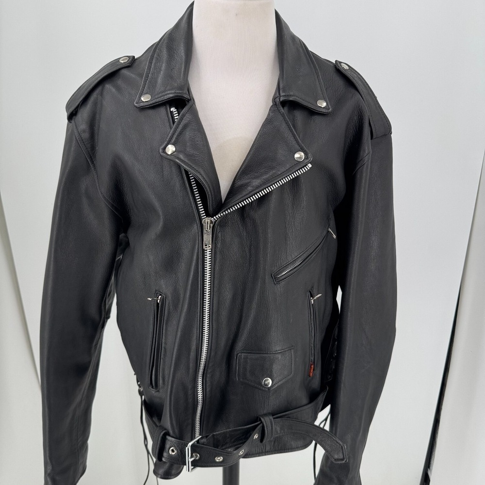 Interstate Leather Motorcycle Jacket MENS Black Full Zip Buckle Coat SIZE 56